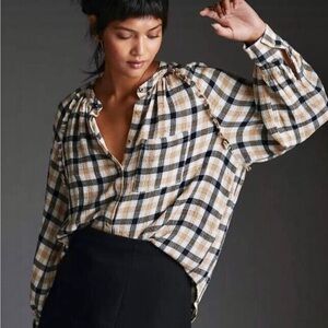 NWT PILCRO Femme Black Gauzy Plaid Buttondown Ruffles Fall Winter Cabin Shirt